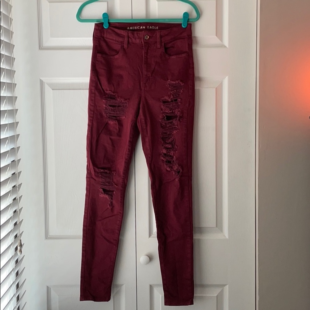 American Eagle Burgundy Ripped Jeggings
